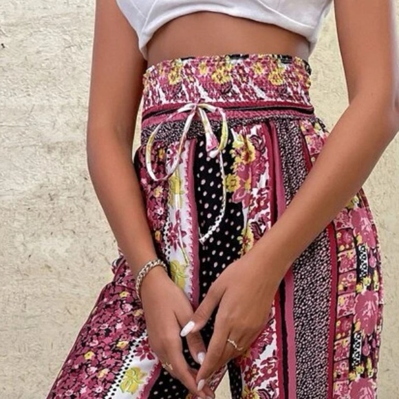 Boho Paisley Floral Polka Dot Print High Waist Rise Wide Leg Palazzo Pants - Picture 10 of 13